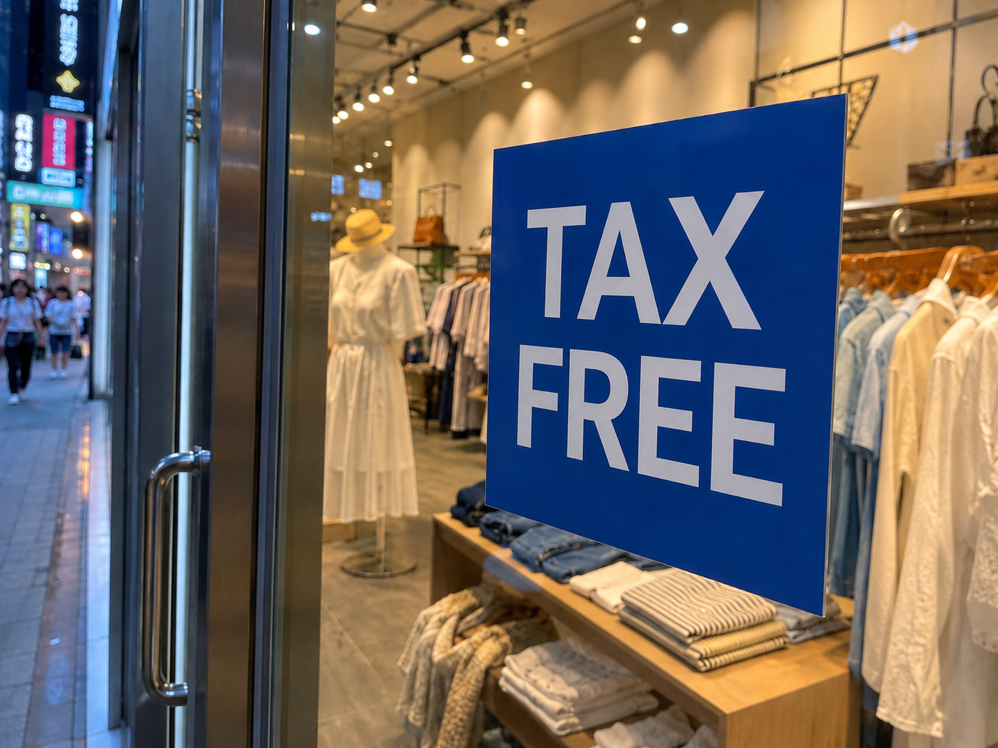 매장 입구에 Tax Free 홍보물이 부착된 모습