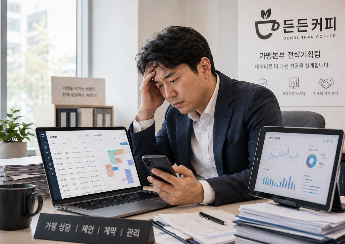 프랜차이즈 본사 담당자가 여러 지점 데이터를 확인하며 카톡·전화 응대에 지친 모습