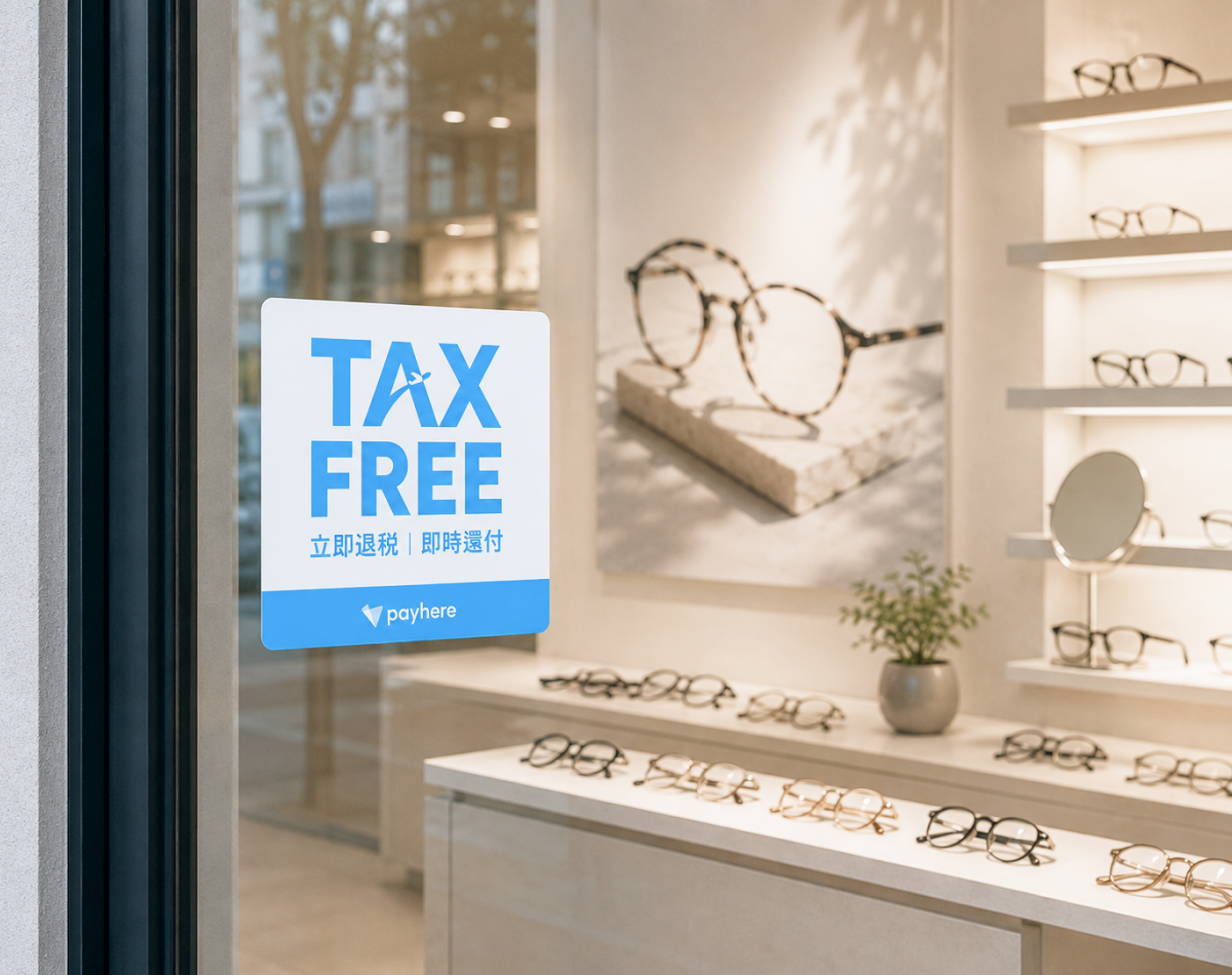 외국인 관광객이 많이 찾는 안경점 매장 입구에 Tax Free 홍보물이 부착된 모습