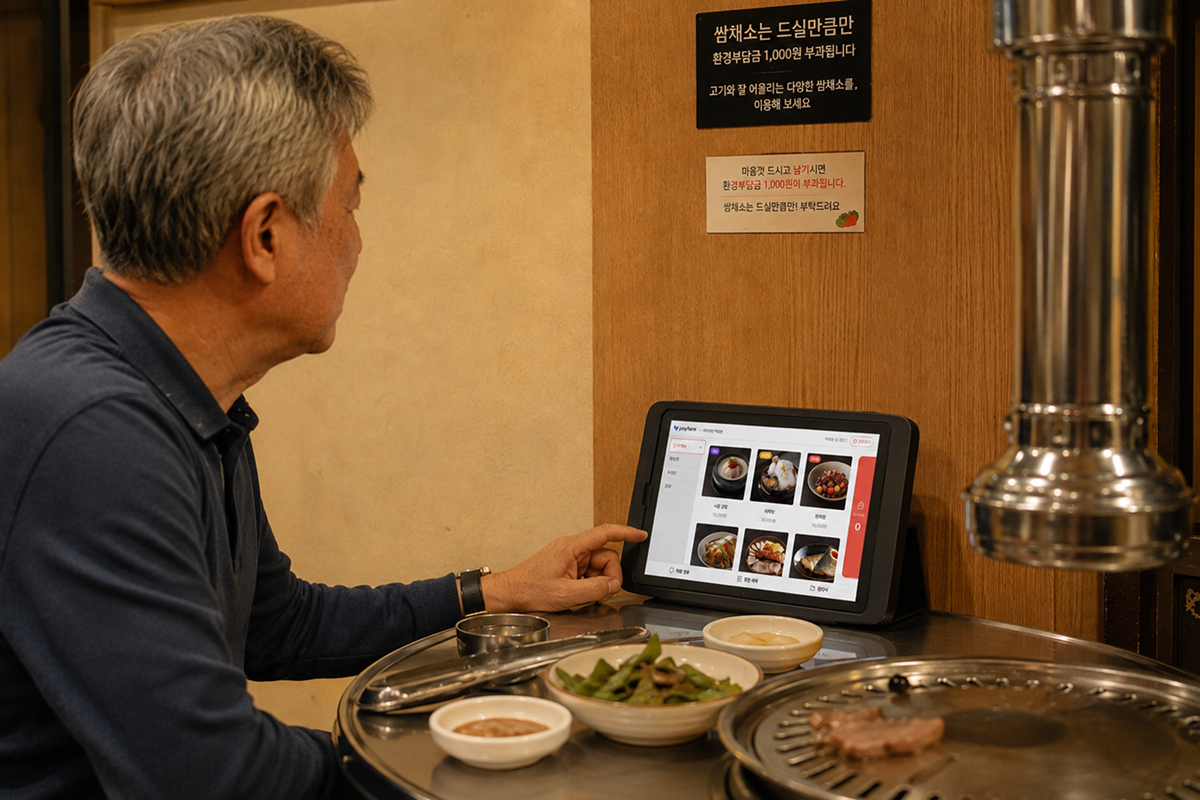 연세가 있으신 손님이 태블릿 오더로 직접 주문하는 모습