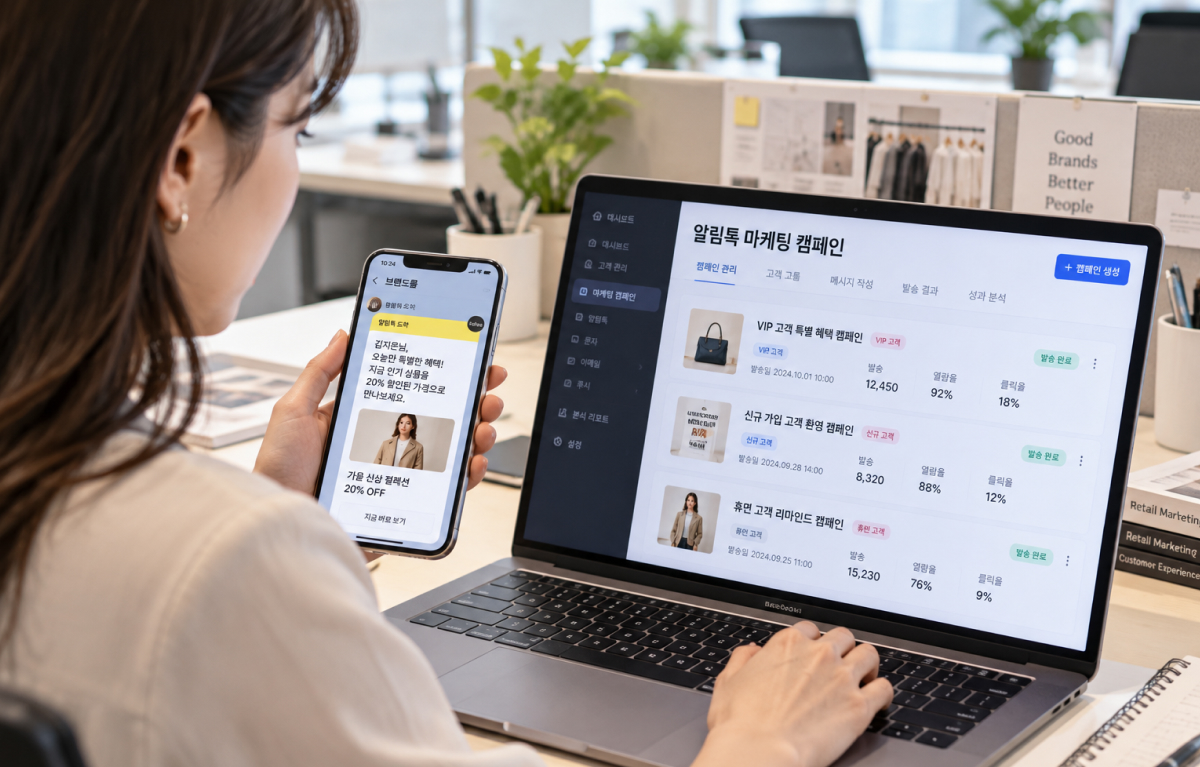 담당자가 고객 그룹별 알림톡 캠페인을 발송하는 모습