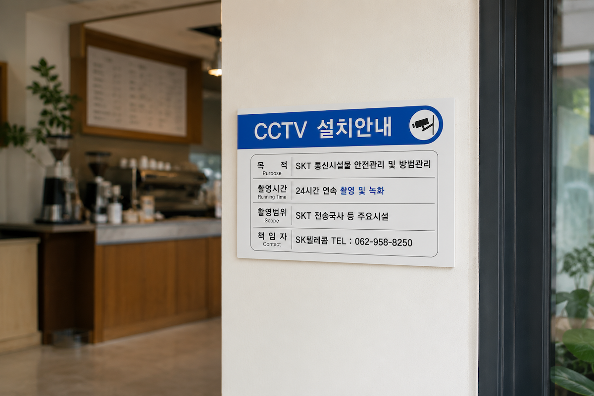 매장 입구에 부착된 'CCTV 설치안내' 안내판 실사 모습